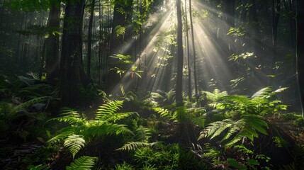 Fototapeta premium Sunbeams breaking through the canopy, illuminating ferns and mosses on the forest floor.