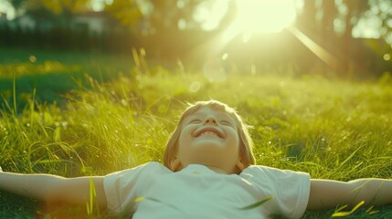 Happy Kid Rolling on Sunlit Lawn