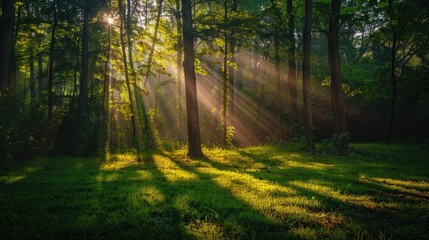 Fototapeta premium Sunbeams creating a beautiful interplay of light and shadow on the forest ground.