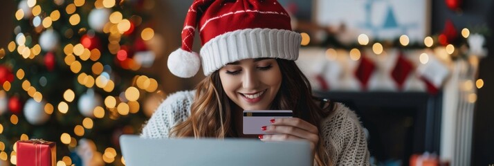A joyful woman wearing a Santa hat happily shops online for Christmas with a credit card, embracing the festive spirit and warmth of the holiday season, feeling cheerful and merry