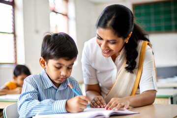 Indian teacher helping student in classroom
