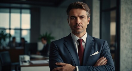 Fototapeta premium A charismatic business man confidently standing with arms crossed in a contemporary office environment, embodying professionalism; a powerful abstract and best-seller background concept