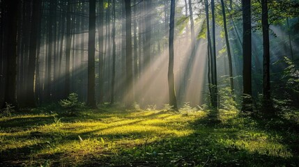 Sunbeams creating a beautiful interplay of light and shadow on the forest ground.