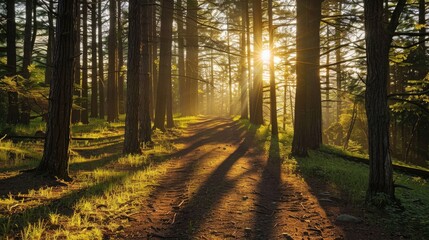 Obraz premium Sunlight filtering through tall trees, casting long shadows on a forest path.