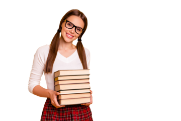 Close up photo beautiful nice lovely teen tails genius scholar library hold hand prepare exam project eyewear eyeglasses specs white pullover red skirt ponytail pigtail isolated yellow background