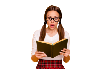 Portrait of astonished lady cute teenager beautiful hold hand prepare home task news impressed unbelievable unexpected scream shout omg wow isolated tails red skirt modern clothes vivid background