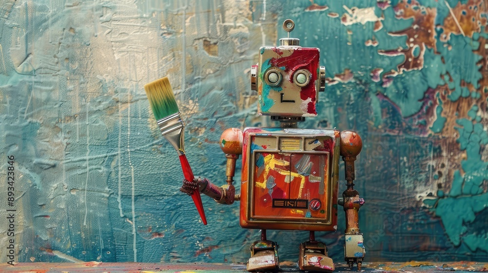 Poster symbolic image of a robot holding a paintbrush, representing technology's role in artistic expressio