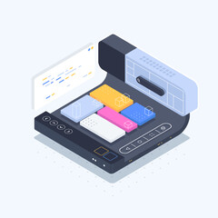 Web page template Software development. Vector illustration with laptop and program code on screen. Concept of Information technologies and computer engineering. Isometric illustration.