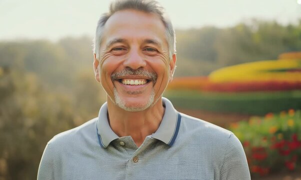 portrait of smiling middle aged man in polo shirt standing outdoors