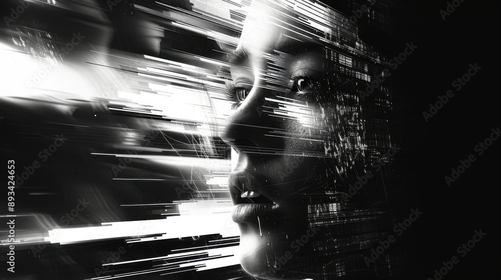 Poster black and white abstract image of a face with motion blur effects, creating a futuristic and artisti
