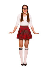 Vertical full length body size view of her she nice-looking attractive winsome lovely lovable sweet tender feminine cheerful girl season clothing isolated over bright vivid shine yellow background