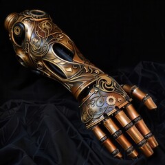 intricate steampunkinspired prosthetic arm brass gears and copper tubing with art nouveau flourishes worn by a victorianera inventor