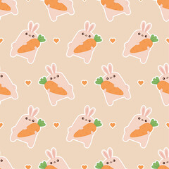 Seamless pattern with a cute rabbit with carrot on a background of hearts. Vector illustration in flat style