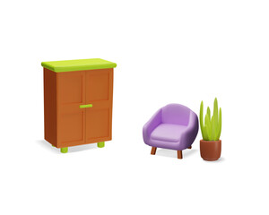 3D vector set: purple chair, cabinet and plant on isolated background.