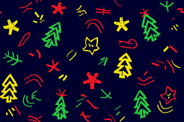 Christmas holiday wrapping paper. Present Christmas tree gifts cartoon trendy print. Happy New Year seamless pattern on black vector illustration