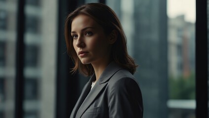Fototapeta premium A serene woman in business attire reflects by a glass window, an abstract hint of introspection, suitable for an elegant wallpaper or background best-seller