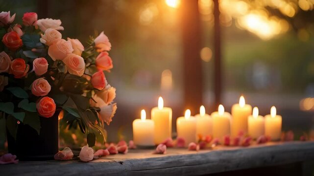 Funeral flowers and candles near the memorial outdoors close-up	
