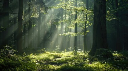Fototapeta premium Sunlight streaming through the branches, creating a play of light and shadow on the forest floor.