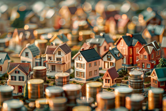 Un fondo conceptual de casas en miniatura y montones de monedas, que simboliza un banner de un sitio web inmobiliario para anuncios de viviendas, ilustrado al estilo de una fotograf&iacute;a