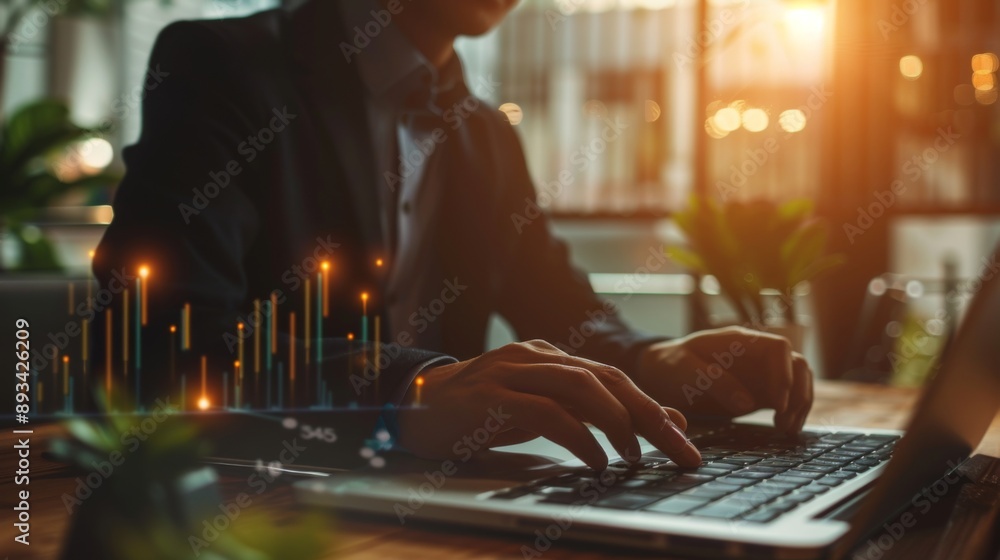 Aufkleber a businessman analyzing business growth and financial performance with graphs and charts on a laptop