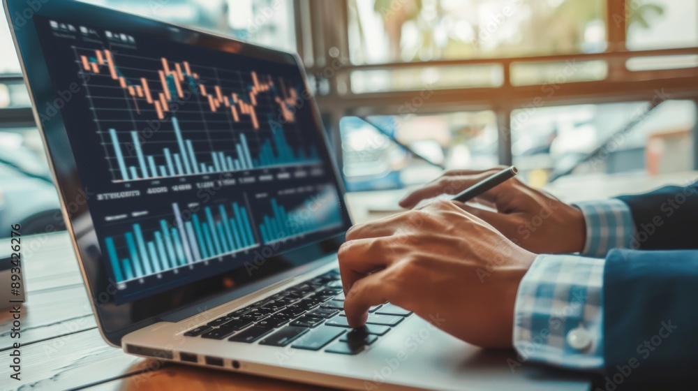 Aufkleber a businessman analyzing business growth and financial performance with graphs and charts on a laptop