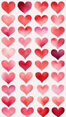 A series of watercolor hearts aligned horizontally or vertically, each heart transitioning through a gradient of colors