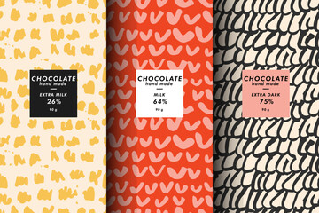 Vector set of templates contemporary abstract cover and patterns for chocolate and cocoa packaging with labels. Minimal modern backgrounds