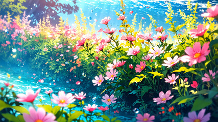 Field of vibrant flowers defies logic, blooming underwater in a fantastical scene