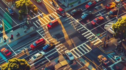 Obraz premium A busy intersection with cars and pedestrians navigating traffic lights during rush hour.