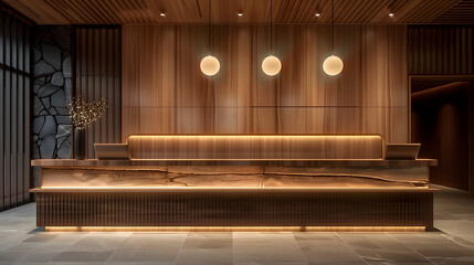 Japanese hotel design, reception desk, wood