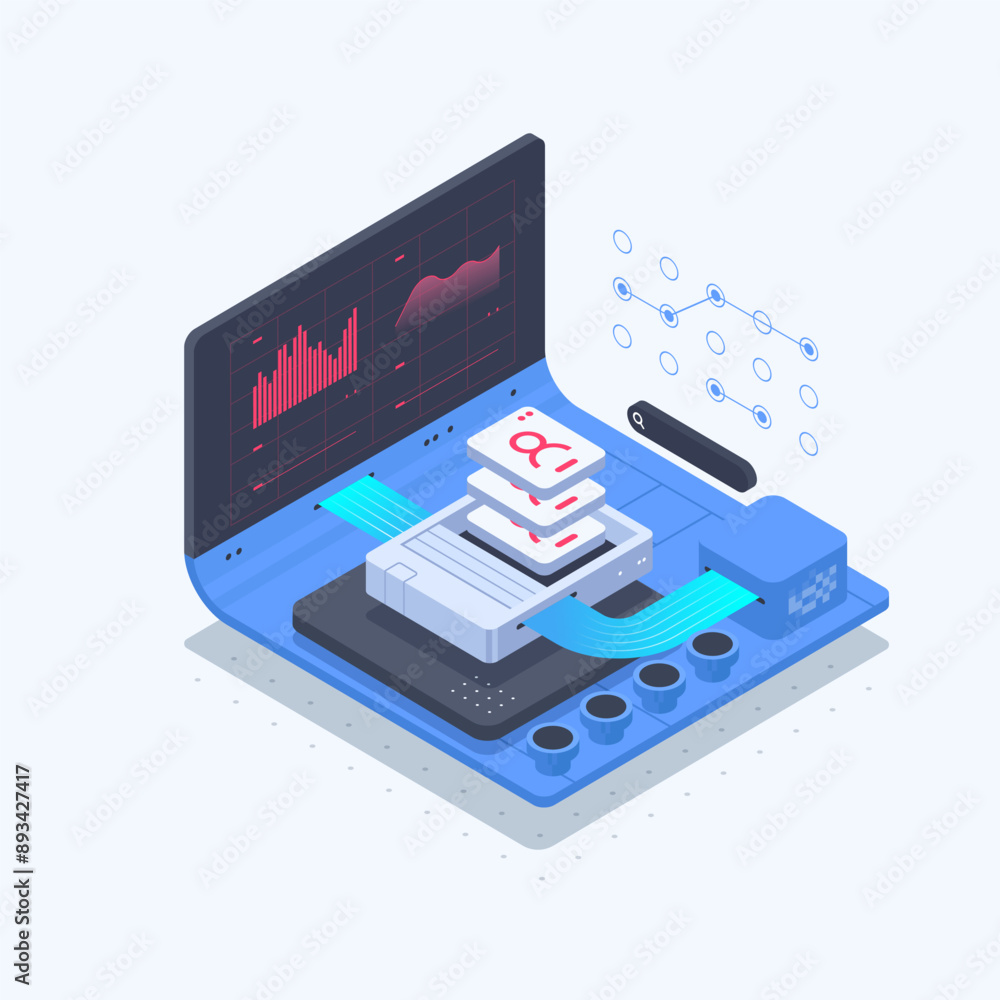 Poster Web page template Software development. Vector illustration with laptop and program code on screen. Concept of Information technologies and computer engineering. Isometric illustration.