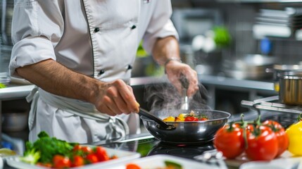 A chef preparing a gourmet meal in a professional kitchen, using a high-end induction frying pan.