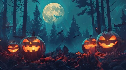 Spooky Halloween night: Jack O' Lanterns glowing in the moonlit forest.