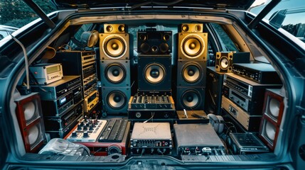 Obraz premium A car trunk filled with customized audio equipment, including subwoofers and amplifiers.