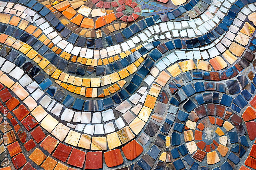 Poster a detailed view of an intricate mosaic design with colorful, wavy lines and various shapes, forming 