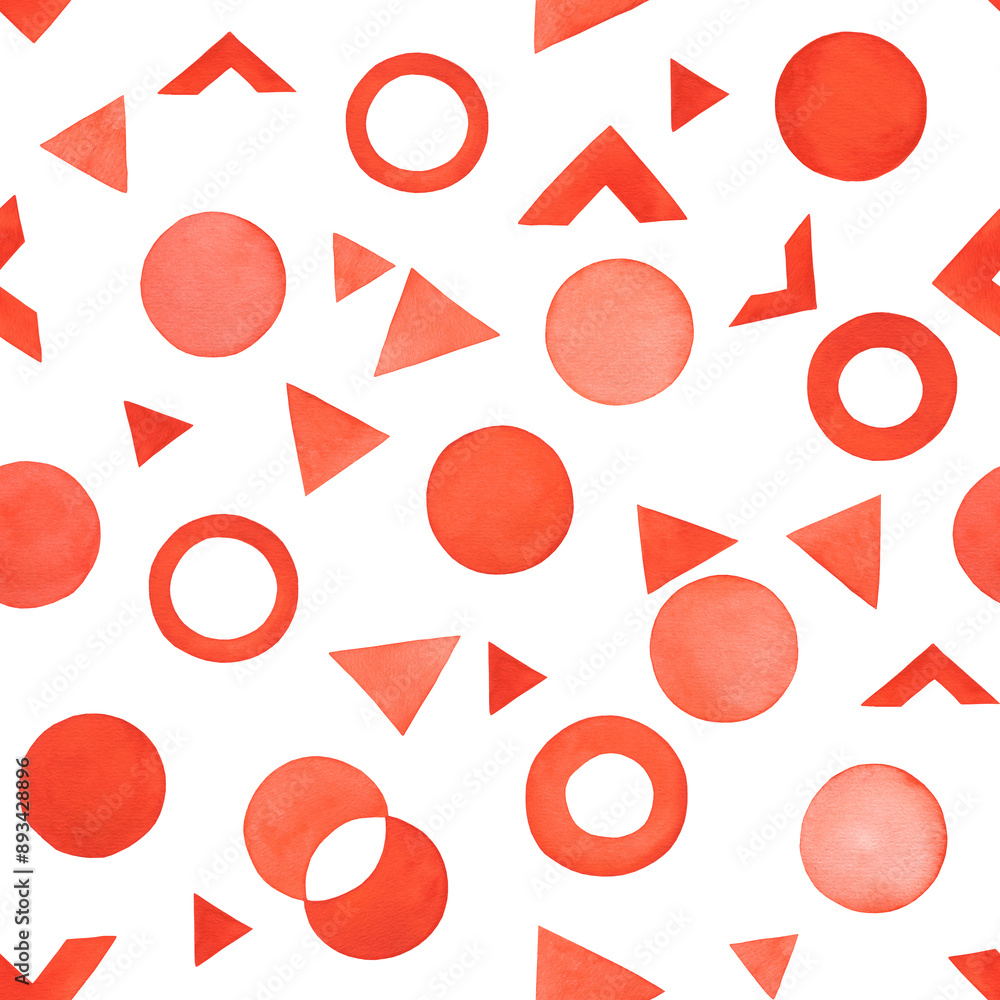 Wall mural abstract orange seamless pattern with red circles, triangle, polka dot. hand drawn painting, waterco