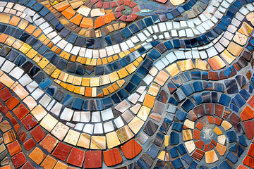 Fototapeta premium A detailed view of an intricate mosaic design with colorful, wavy lines and various shapes, forming a vibrant pattern