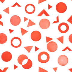 Abstract orange seamless pattern with red circles, triangle, polka dot. Hand drawn painting, watercolor modern geometric background, round shape texture for wrapping, textile
