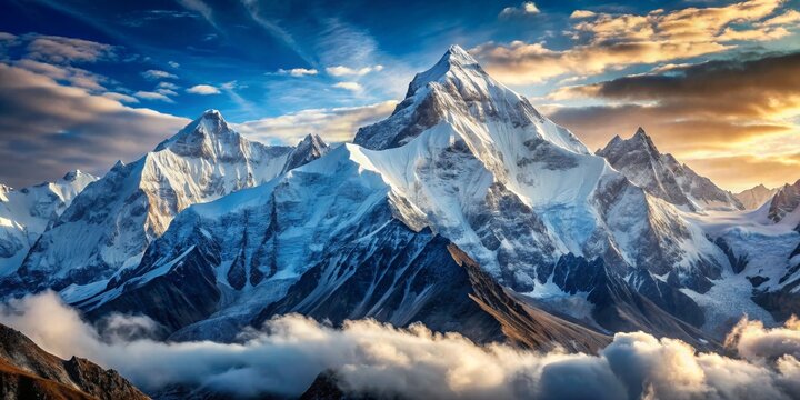 Aerial View of Majestic Snow-Capped Mountain Peaks at Sunset with Dramatic Clouds