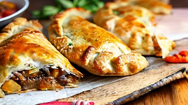 Video of delicious home baked Cornish pasties with minced meat and vegetables. Traditional specialty of British cuisine