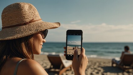 Fototapeta premium A stylish traveler on vacation at the beach snaps a photo with her smartphone, enjoying the sunny day