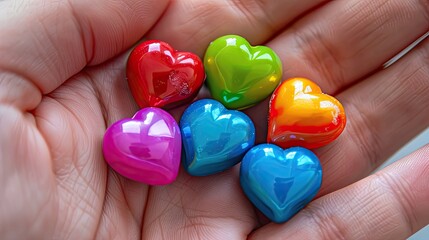 Multicolored candy in the hand is large. Selective focus
