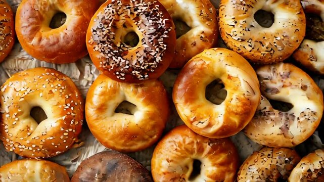 Video of variety of freshly baked bagels plain with sesame and poppy seeds top view. Bread making comfort food concept