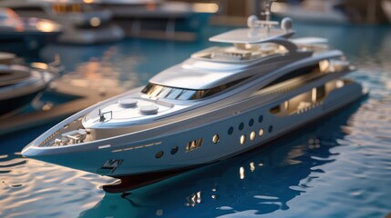 corporate yacht design studio with models of luxury boats, hydrodynamic testing pools, and CAD systems for bespoke designs