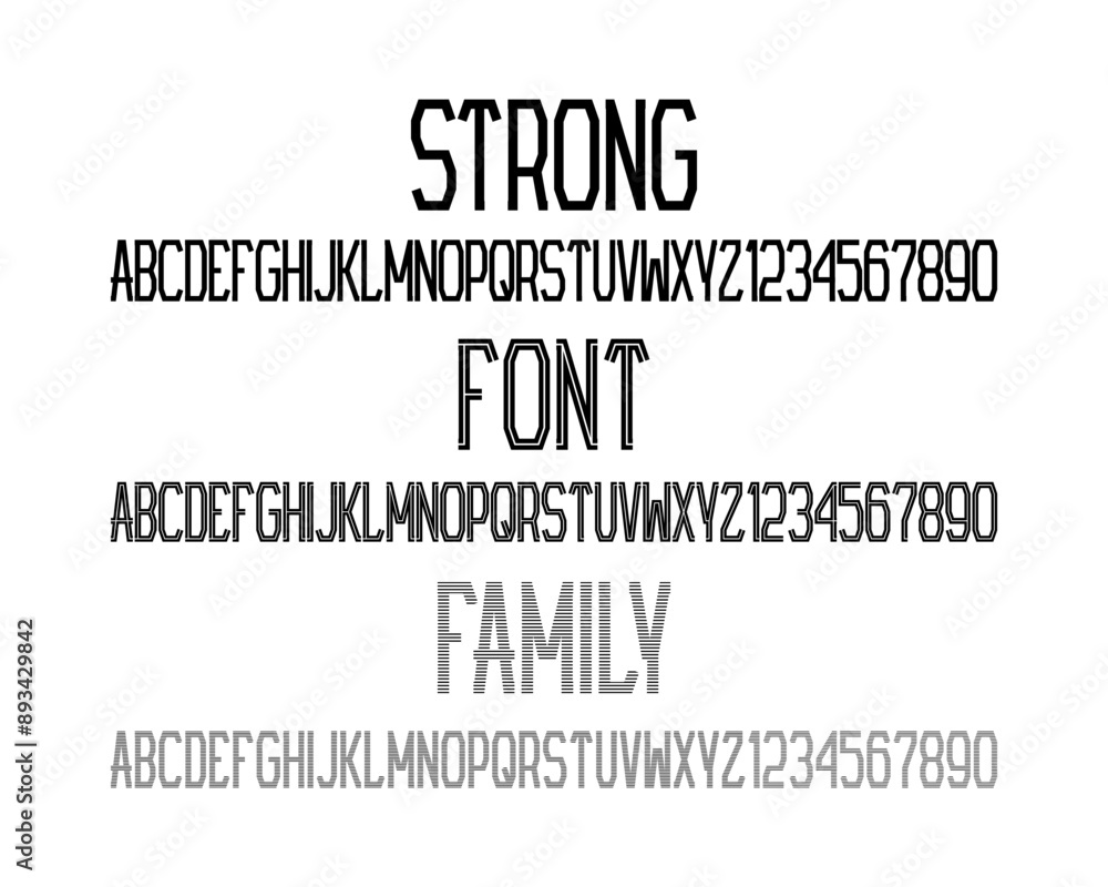 Poster strong font family. alphabets and numbers in three similar styles.