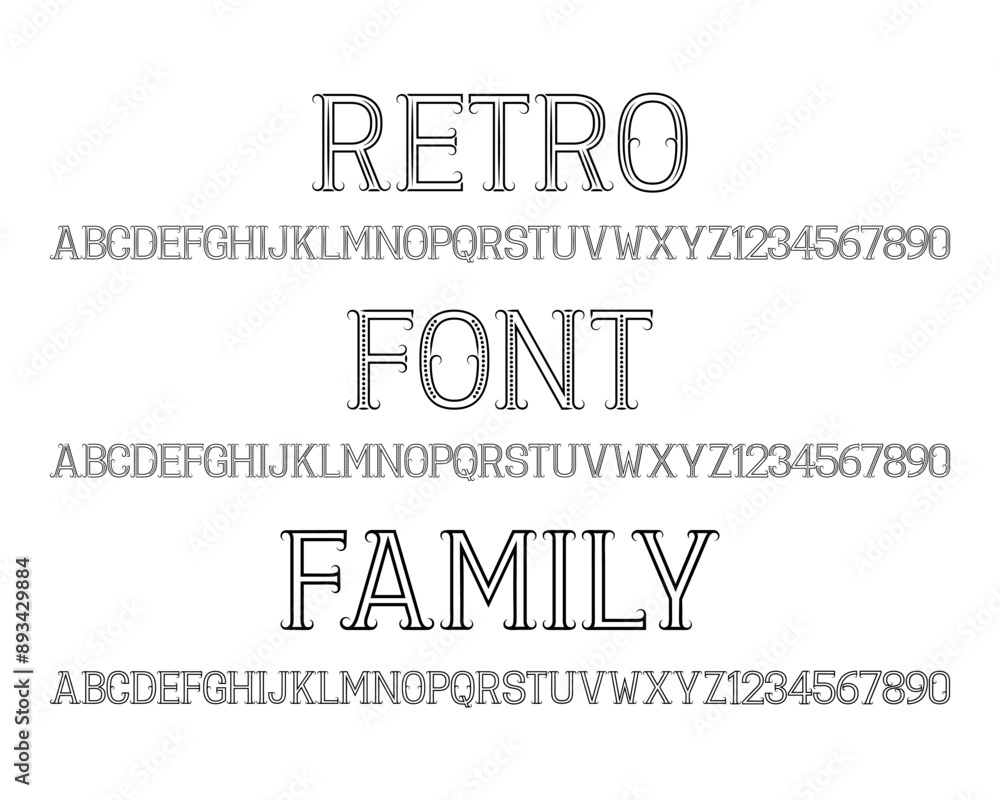 Poster retro font family. alphabets and numbers in three similar styles.