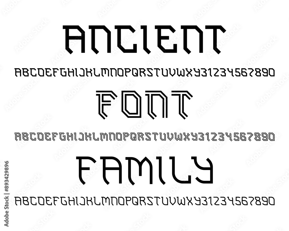 Aufkleber ancient font family. alphabets and numbers in three similar styles.