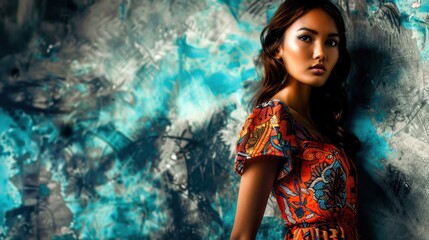 A woman with long dark hair wears a colorful floral dress as she poses against a teal and grey abstract wall