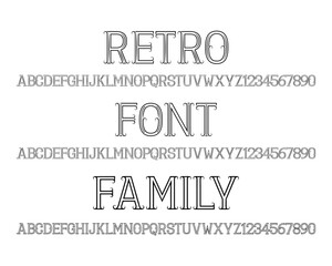 Retro font family. Alphabets and numbers in three similar styles.