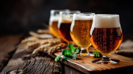 Three freshly poured beer glasses, each with a distinct color and frothy head, are placed on a wooden table with hops and barley, representing different beer types.